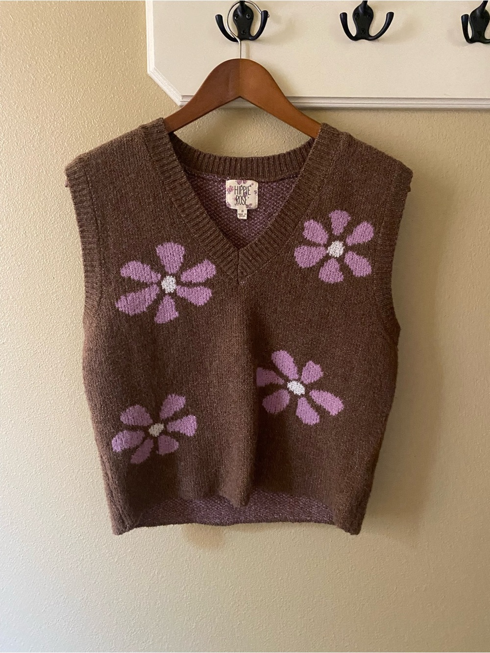 Hippie Rose Brown V-Neck Knit Sweater Vest with Pink Flower Motifs